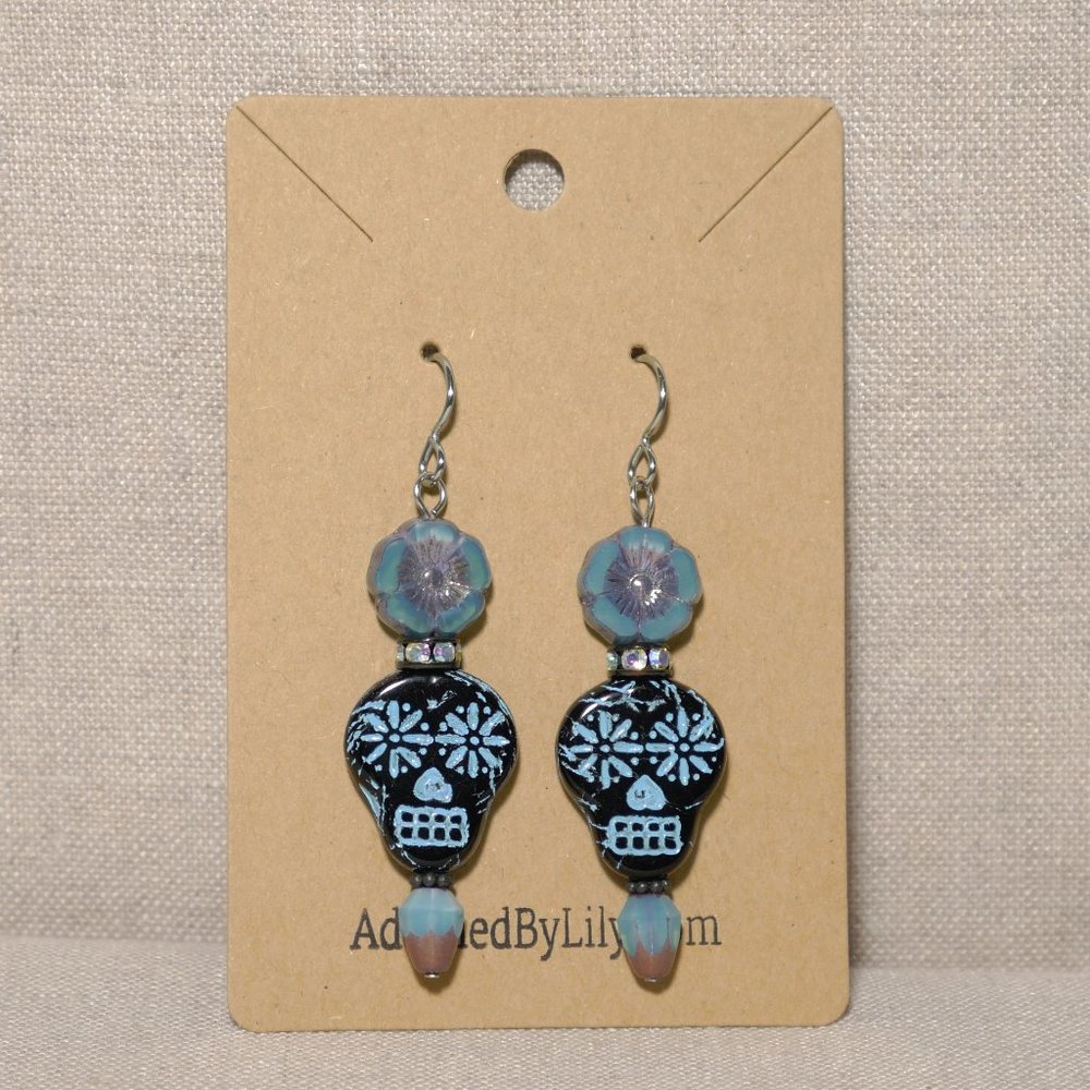 Hand Crafted Handmade Earrings Blue & Black Sugar Skull Calavera Long Ea… - Picture 2 of 4